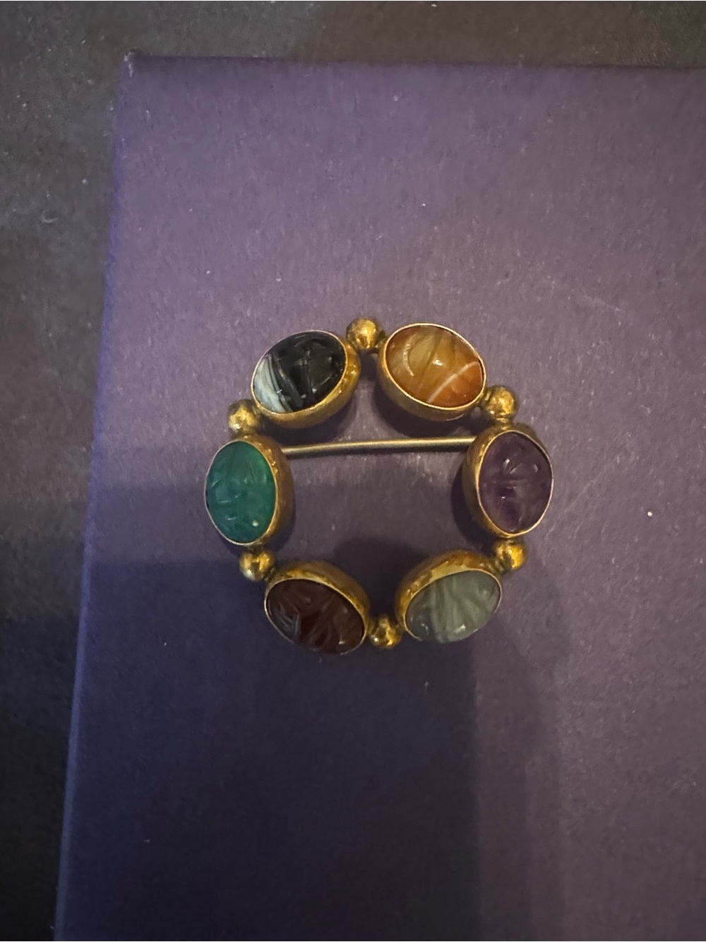 Gold-Tone Multicolor Carved Cabochon Circle Brooch
